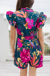 Girls: Wild Love Teal Floral Romper
