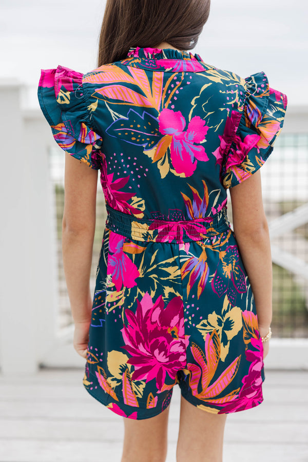 Girls: Wild Love Teal Floral Romper