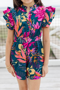 Girls: Wild Love Teal Floral Romper