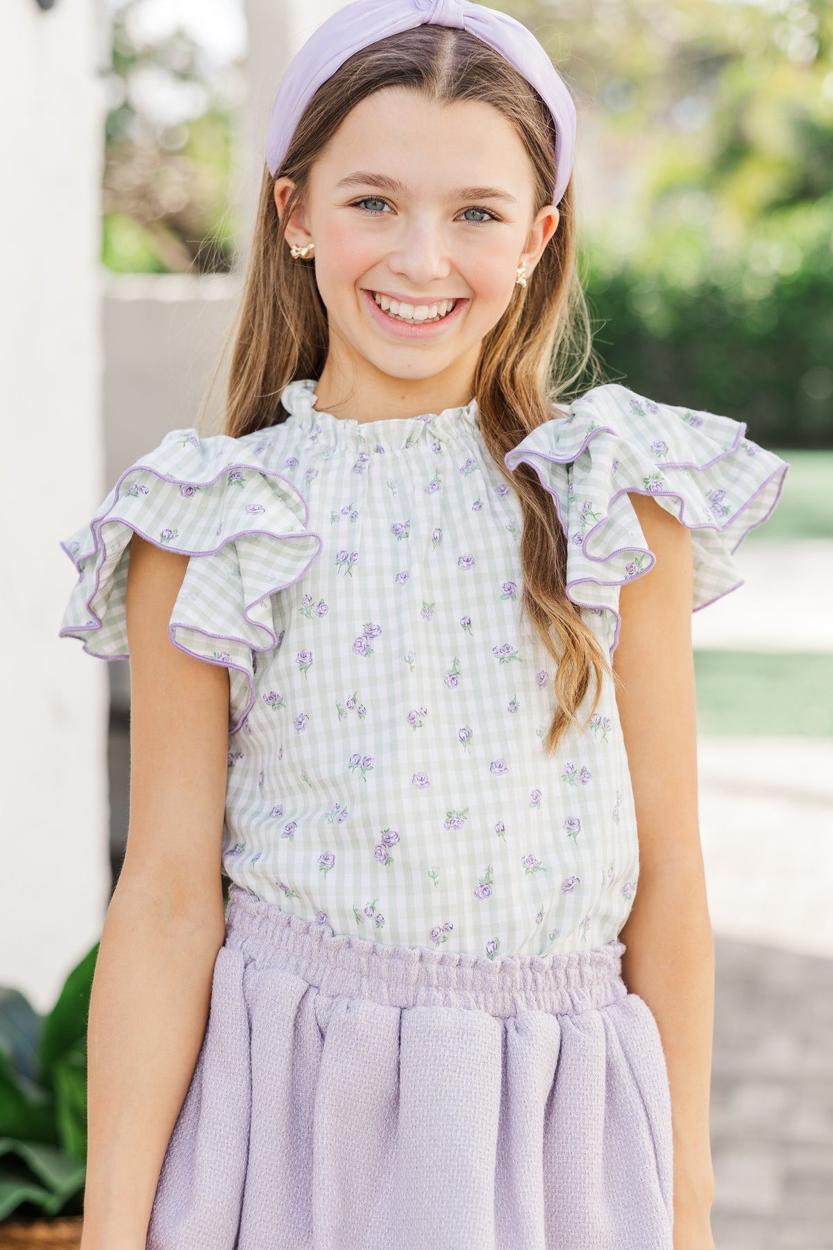Sage Gingham Embroidered Yoke Top main image 1