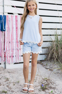 Girls: The Kira Light Blue Striped Scalloped Set