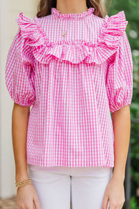 Girls: Make Your Choices Pink Gingham Ruffled Blouse