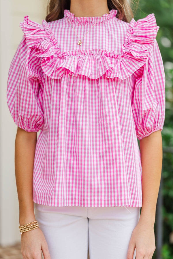 Girls: Make Your Choices Pink Gingham Ruffled Blouse