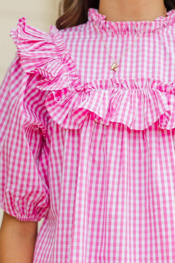 Girls: Make Your Choices Pink Gingham Ruffled Blouse