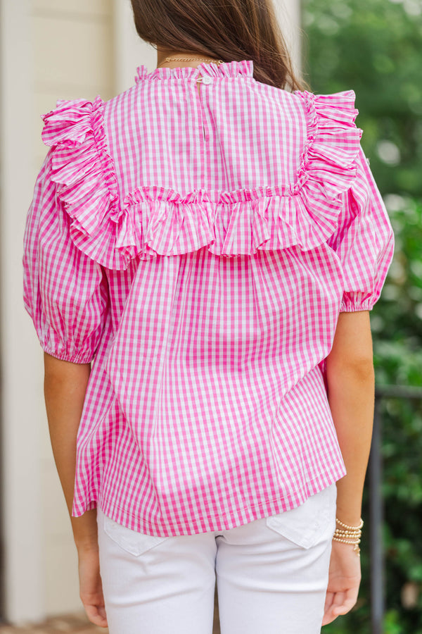 Girls: Make Your Choices Pink Gingham Ruffled Blouse