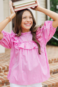 Girls: Make Your Choices Pink Gingham Ruffled Blouse