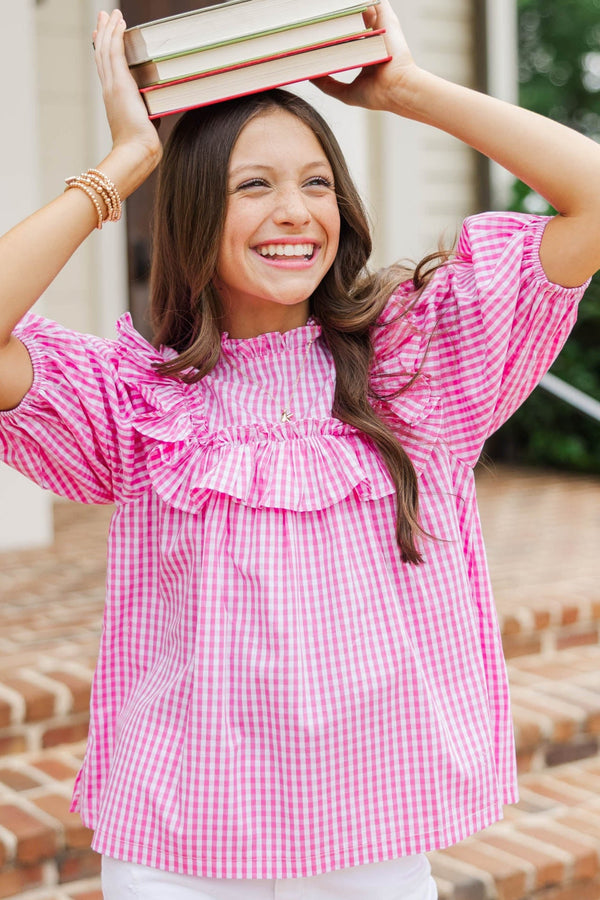 Girls: Make Your Choices Pink Gingham Ruffled Blouse