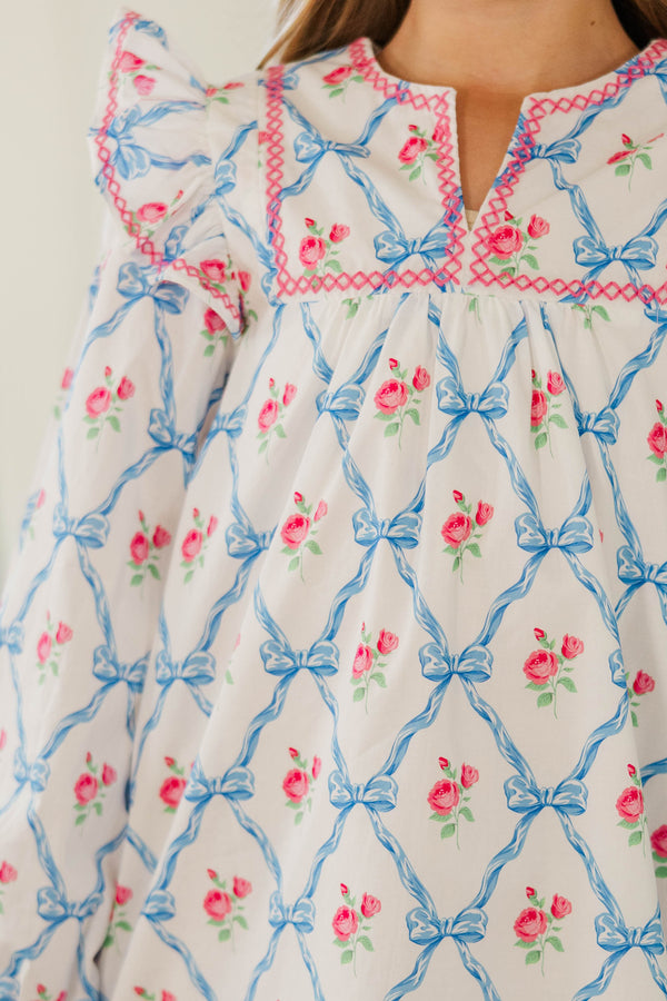 Girls: See It Through Light Blue Bow Print Babydoll Dress