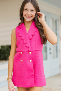 Girls: The Kara Pink Tweed Scalloped Romper