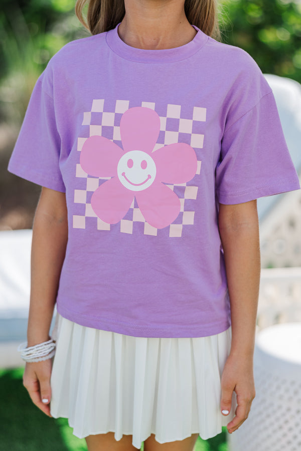 Girls: Flower Happy Lavender Checkered Graphic Tee