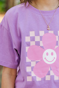 Girls: Flower Happy Lavender Checkered Graphic Tee