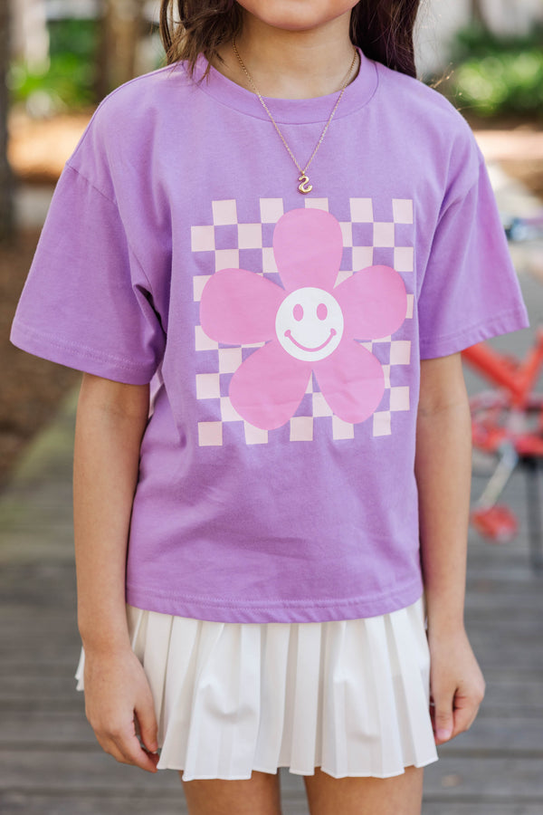 Girls: Flower Happy Lavender Checkered Graphic Tee