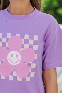 Girls: Flower Happy Lavender Checkered Graphic Tee