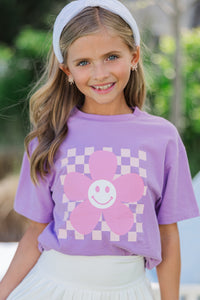 Girls: Flower Happy Lavender Checkered Graphic Tee