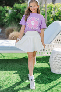 Girls: Flower Happy Lavender Checkered Graphic Tee