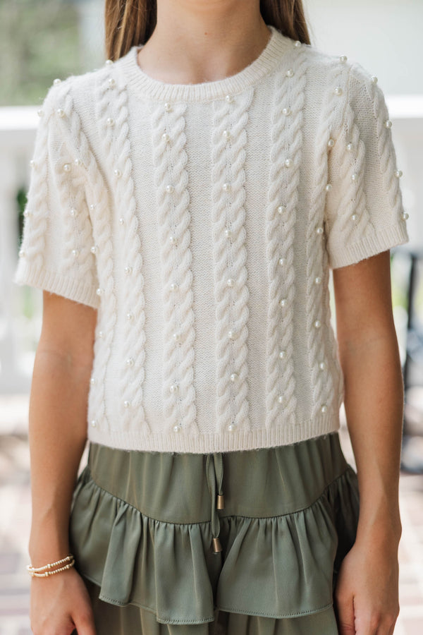 Girls: The Class Act Cream Pearl Knit Sweater