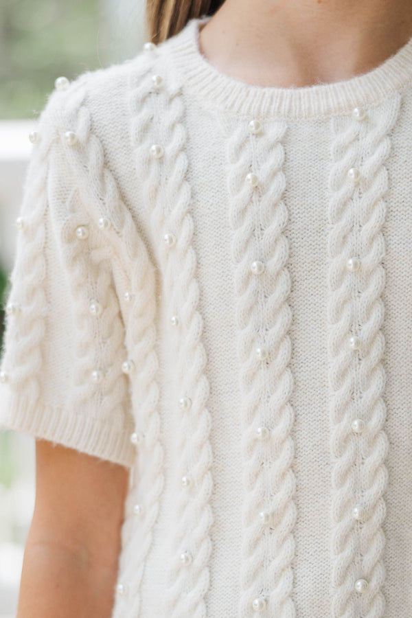 Girls: The Class Act Cream Pearl Knit Sweater