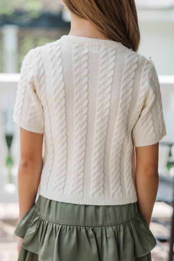 Girls: The Class Act Cream Pearl Knit Sweater
