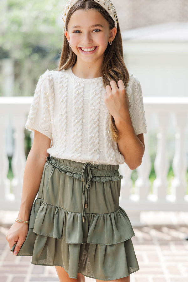 Girls: The Class Act Cream Pearl Knit Sweater