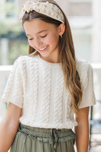 Girls: The Class Act Cream Pearl Knit Sweater