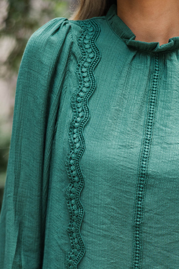 Wish You Were Here Emerald Green Crochet L/S Blouse