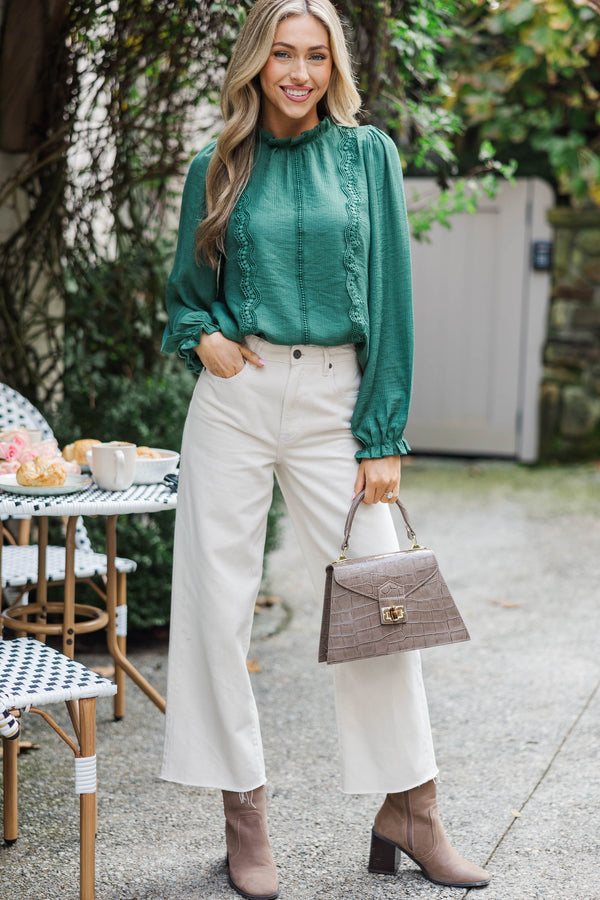 Wish You Were Here Emerald Green Crochet L/S Blouse