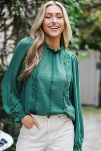 Wish You Were Here Emerald Green Crochet L/S Blouse