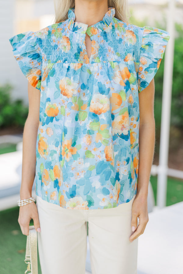 Sunday Dreaming Blue Floral Watercolor Blouse