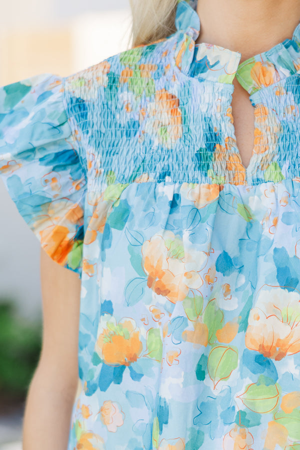 Sunday Dreaming Blue Floral Watercolor Blouse