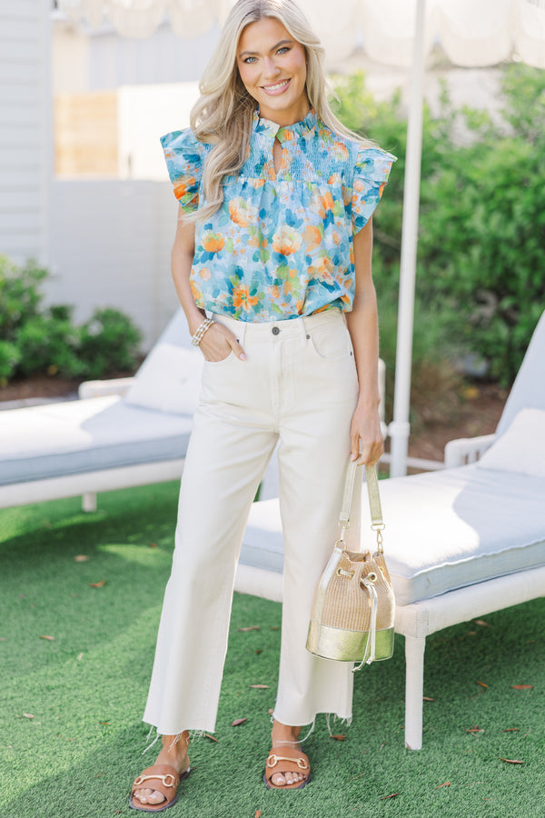 Sunday Dreaming Blue Floral Watercolor Blouse