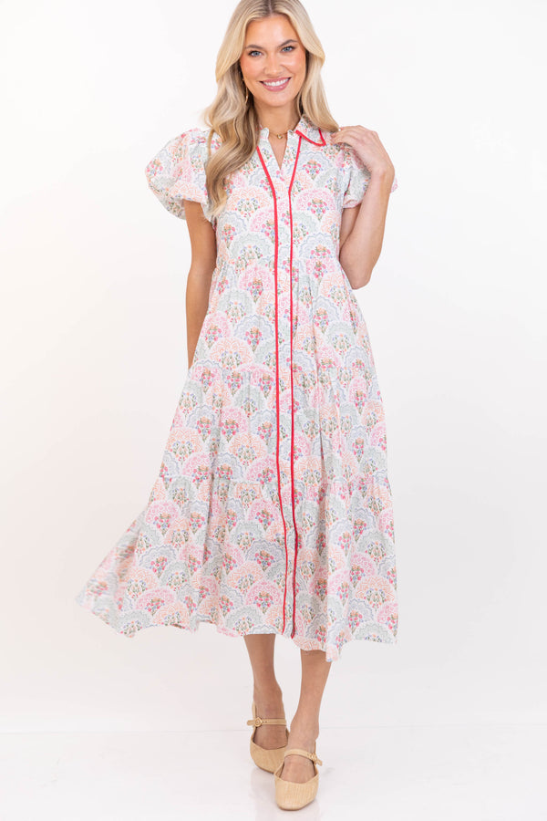 Perfect For You Pink/Mint Medallion Button Down Midi Dress