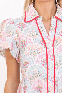 Perfect For You Pink/Mint Medallion Button Down Midi Dress