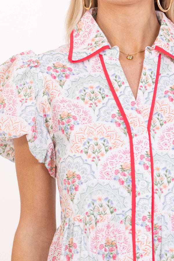 Perfect For You Pink/Mint Medallion Button Down Midi Dress