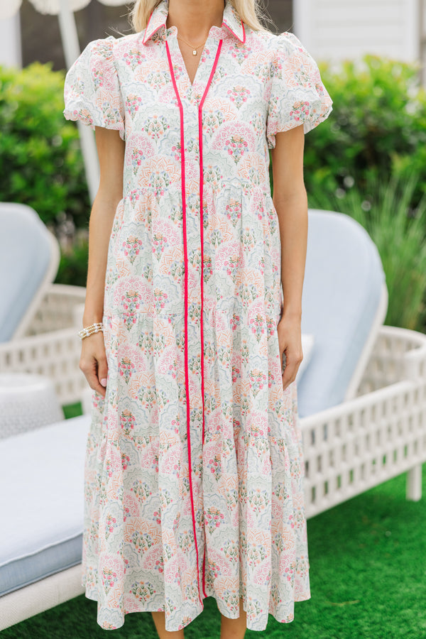 Perfect For You Pink/Mint Medallion Button Down Midi Dress