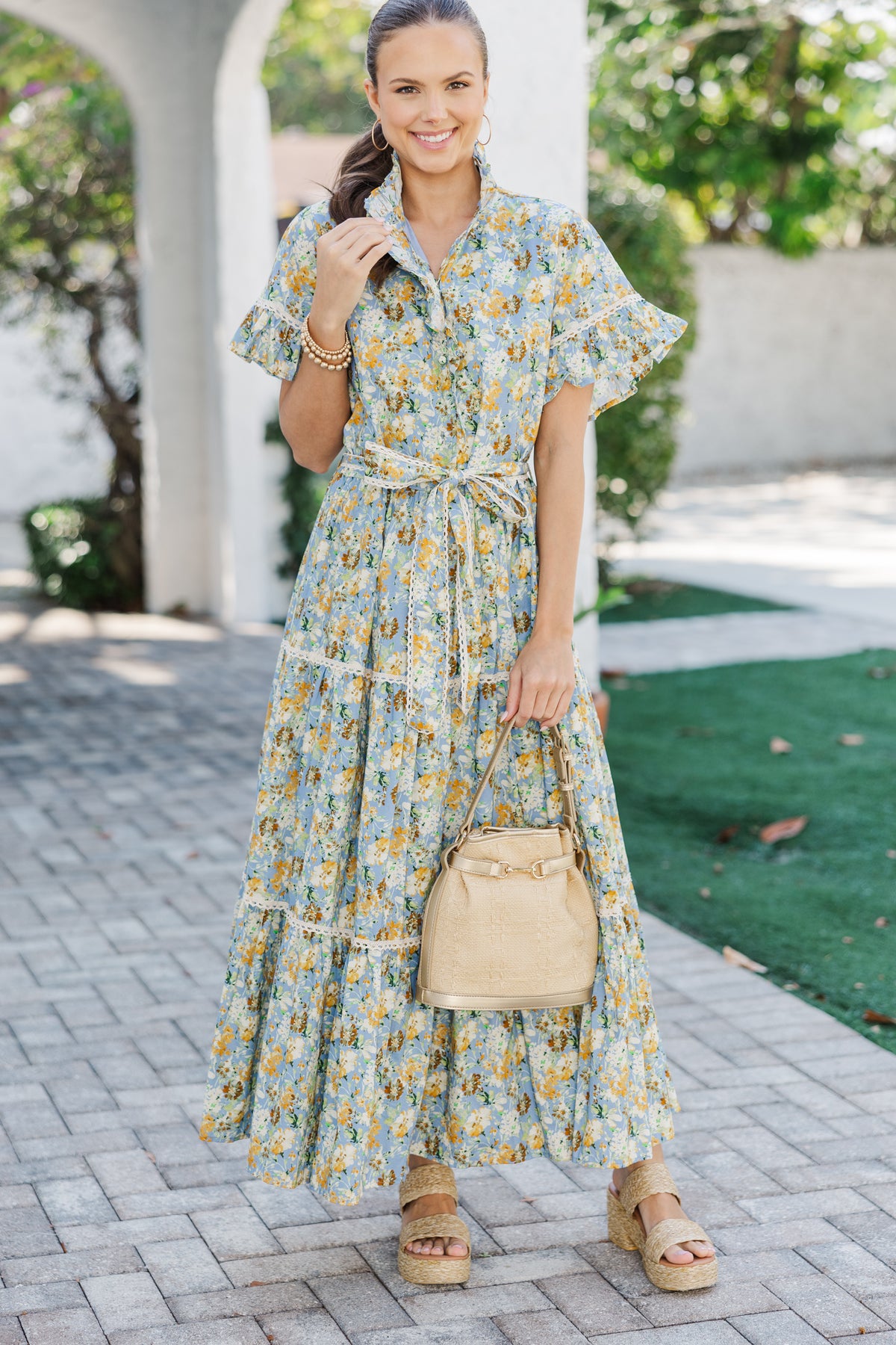 maxi midi dress Blue Floral Patchwork Midi Dress Moda Boutique