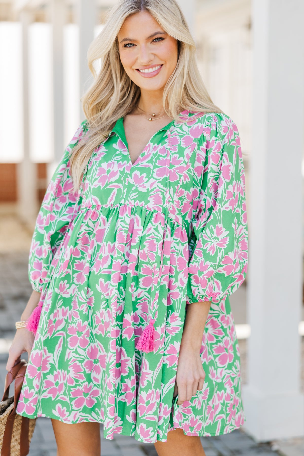 Green Daisy Long Sleeve Babydoll Dress
