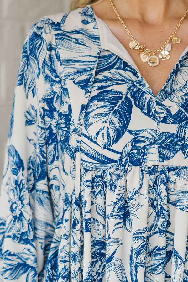 Through The Years Blue Toile Babydoll Dress