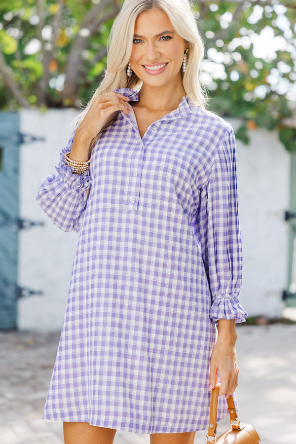 womens purple gingham dress Inspire Chic Womens Gingham Checks Ruffled Peter Pan Collar 1960s Mini Dress S Light Purple, Women's, Size: Small