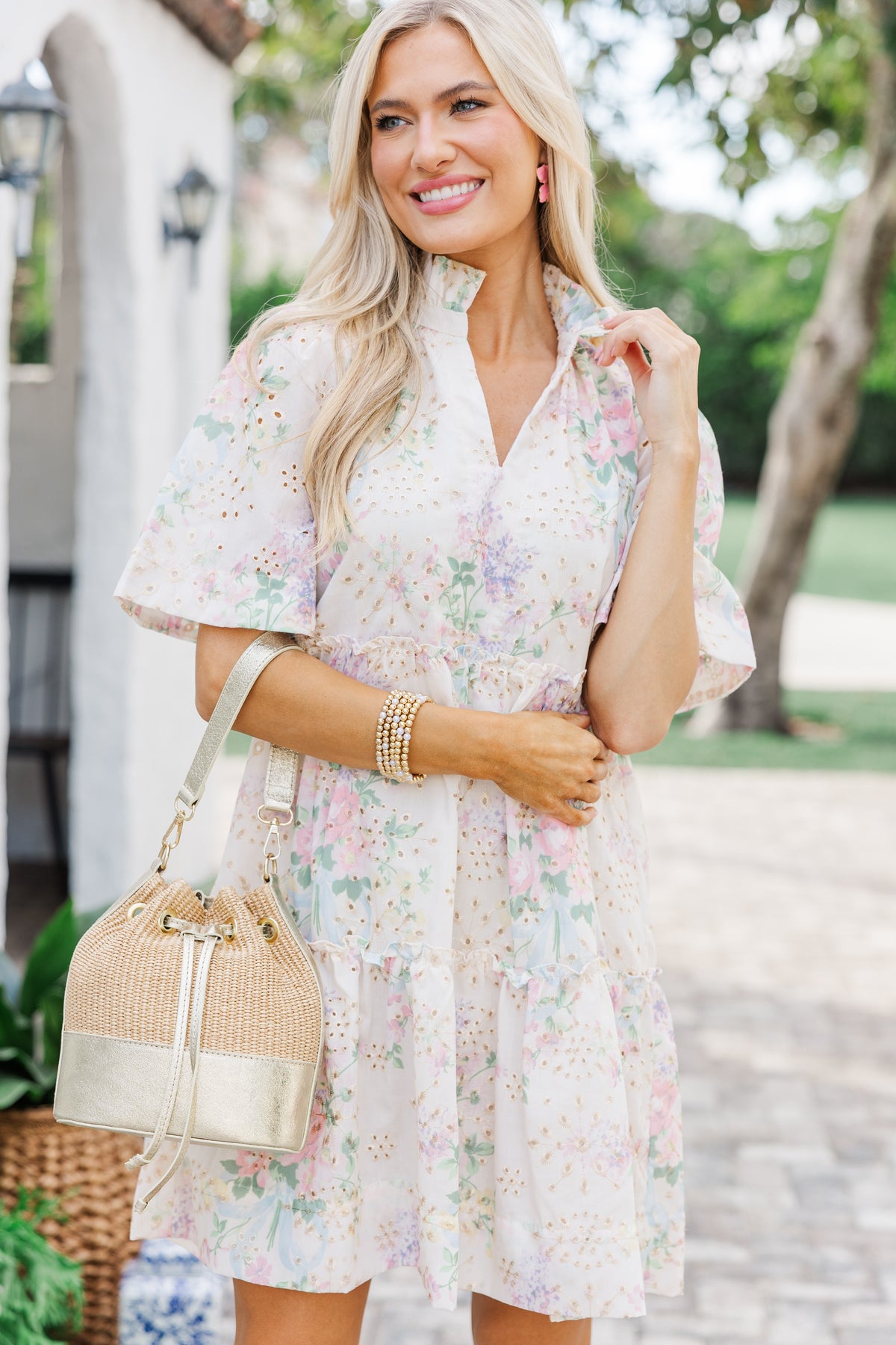Feeling Charming V Neck Floral Mini Dress (Cream)
