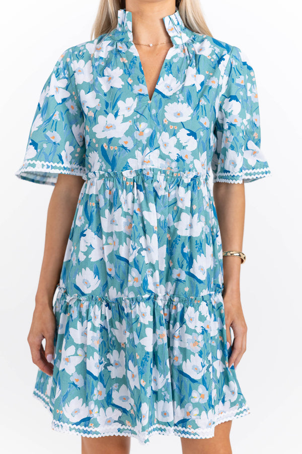 Feeling Your Best Blue Floral Rickrack Dress
