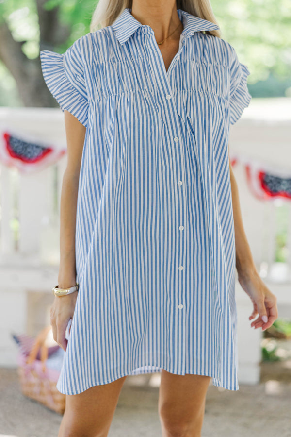 On The Way Blue & White Striped Shift Dress, Large - The Mint Julep Boutique