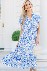 Look You Up Blue Floral Ruffled Midi Dress