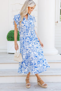 Look You Up Blue Floral Ruffled Midi Dress