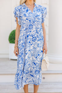 Look You Up Blue Floral Ruffled Midi Dress