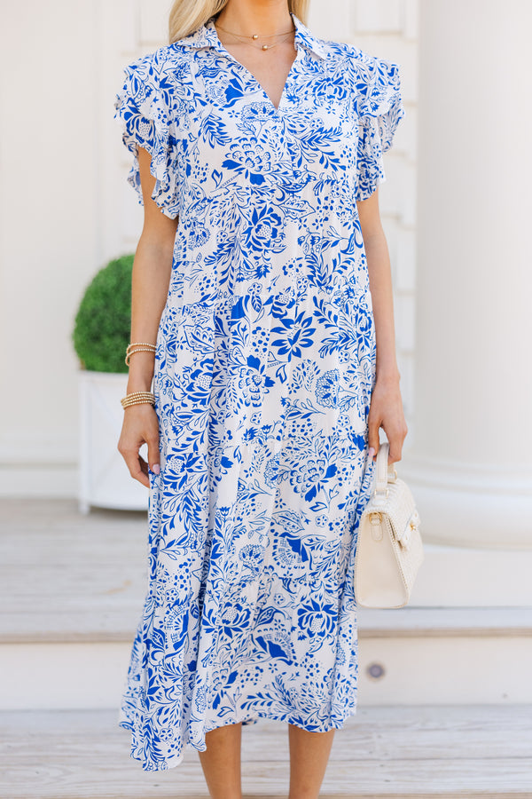 Look You Up Blue Floral Ruffled Midi Dress