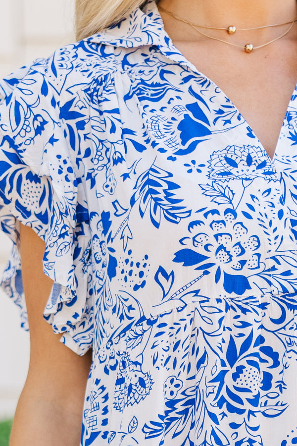Look You Up Blue Floral Ruffled Midi Dress