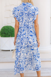 Look You Up Blue Floral Ruffled Midi Dress