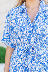 You Have My Attention Blue Damask Midi Dress