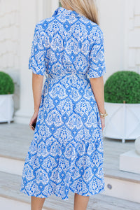 You Have My Attention Blue Damask Midi Dress
