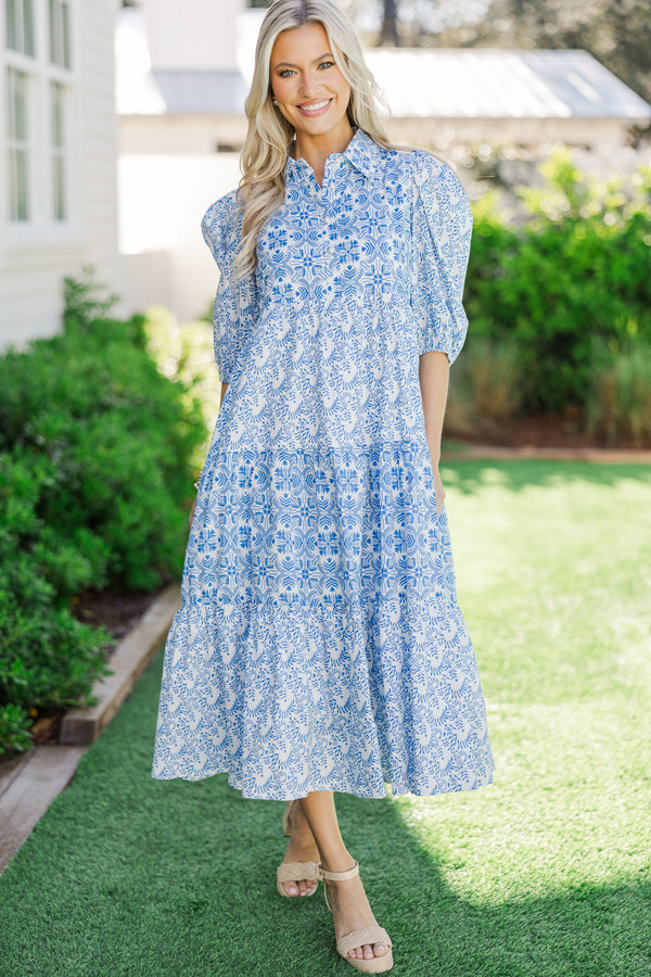 Love Found Blue Printed Tiered Midi Dress